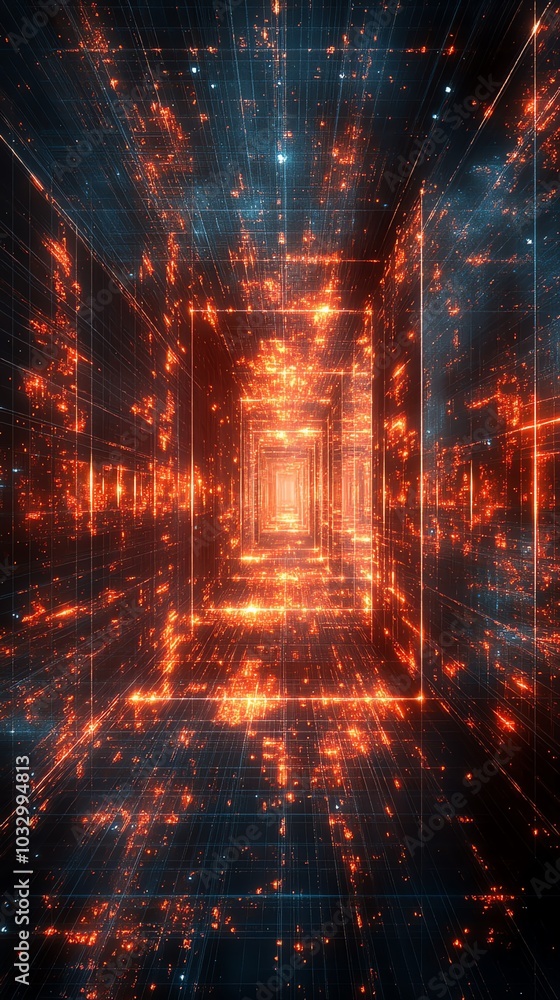 Poster abstract digital tunnel with bright glowing lights and particles.
