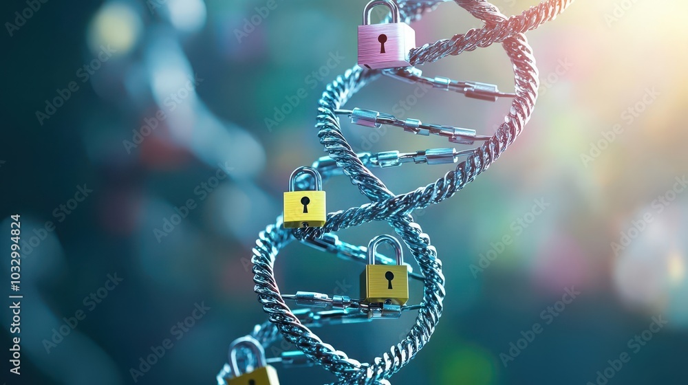 Poster an illustration of a dna strand wrapped in layers of security chains and padlocks, symbolizing genet