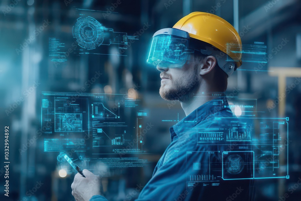 Poster Augmented reality worker interface, realtime machine diagnostics, futuristic factory setting, advanced robotics