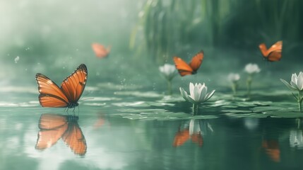 Butterflies fluttering serene pond, reflections water, tranquil atmosphere. AI generated