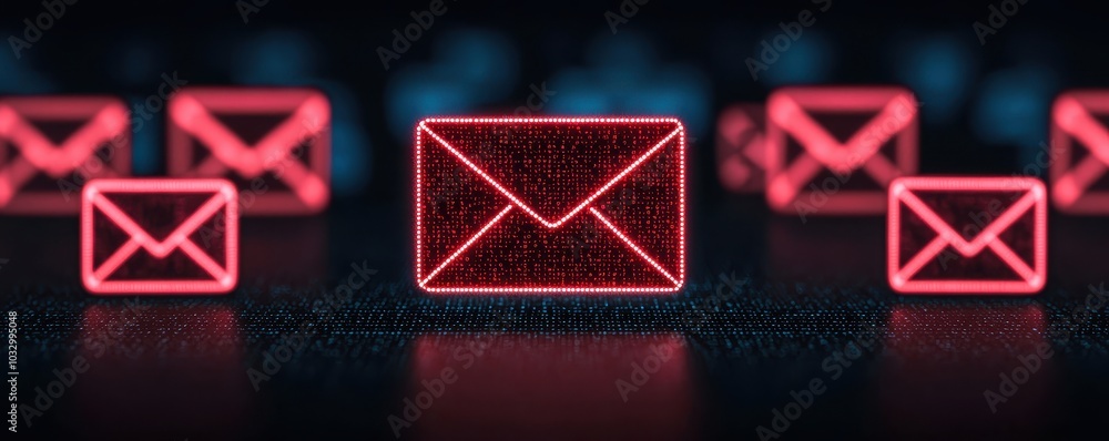 Poster a glowing display of digital envelopes illuminated in red, symbolizing electronic communication and 