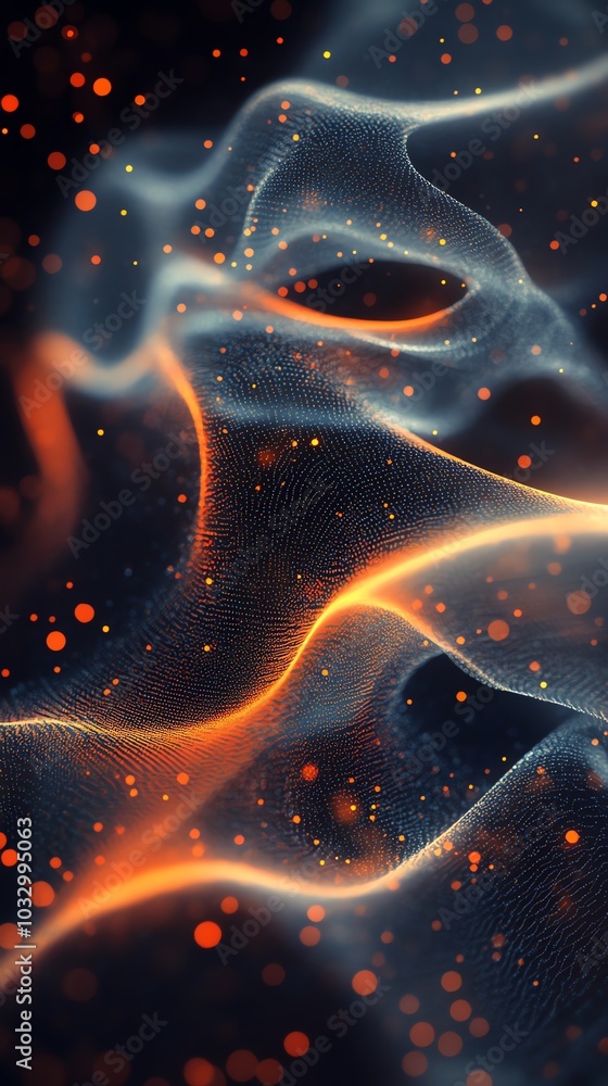 Poster Abstract background with glowing orange and white waves on black with bokeh effect.