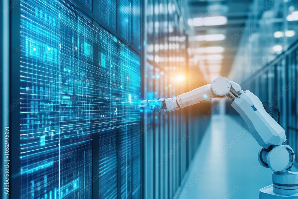 Poster autonomous robotic arms, holographic data projections, hightech smart factory, digital control cente