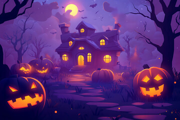 A spooky Halloween scene featuring a haunted house and glowing jack-o'-lanterns.