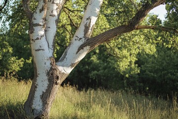 Fototapeta premium A tree with smooth, white bark that contrasts starkly with the surrounding forest