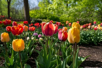 A tulip garden in springtime, bursting with vibrant colors and life