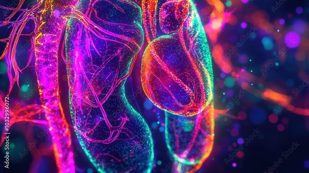 Poster neon glow of internal organs with abstract illumination