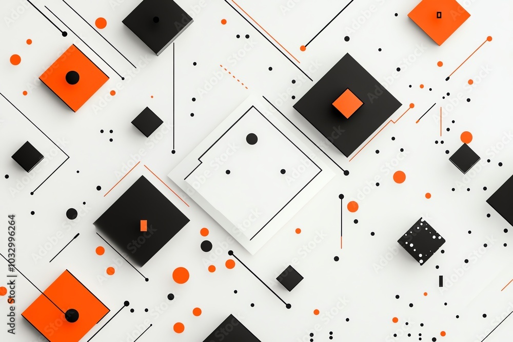 Aufkleber abstract geometric pattern with black and orange squares and circles on white background.