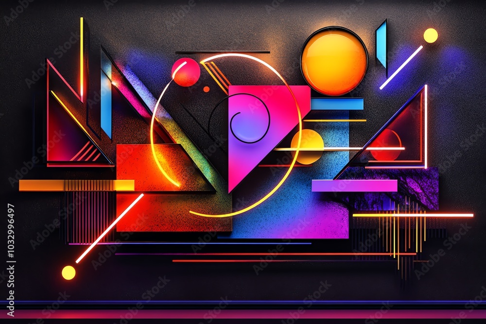 Poster Abstract geometric shapes in a vibrant color palette against a dark background, creating a dynamic and modern composition.