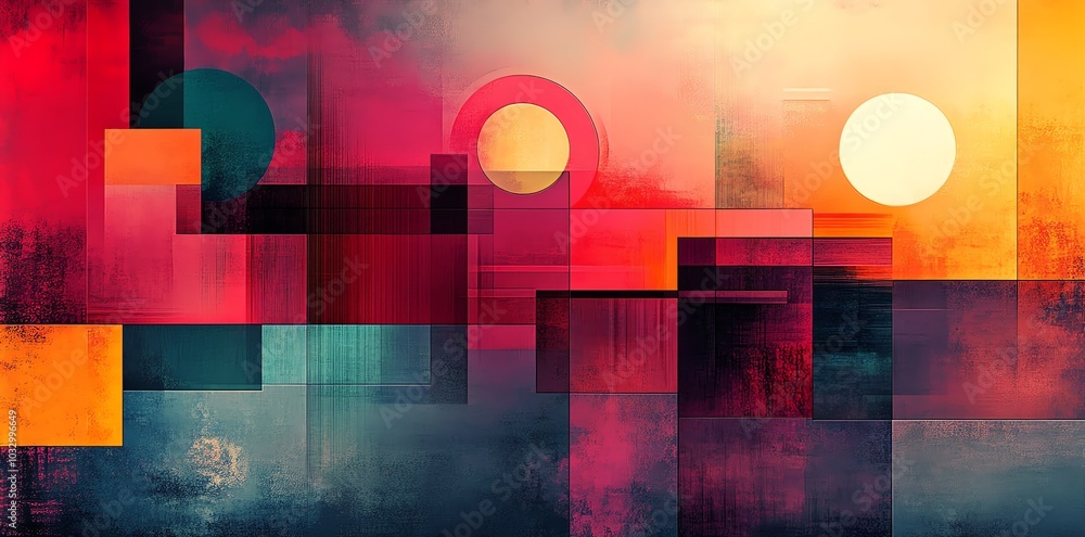 Poster abstract geometric background with colorful squares, circles, and a textured backdrop.