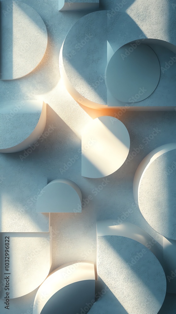 Poster Abstract geometric shapes in a white background with sunlight shining through the shapes.