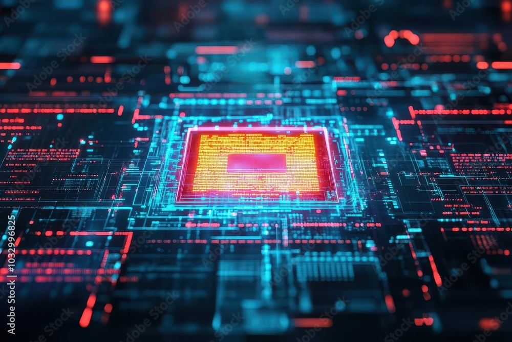 Poster cybersecurity interface, glowing firewall hologram, layered data streams, dark tech background