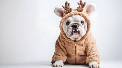 Adorable Bulldog Dressed in Fuzzy Reindeer Onesie on Frosty White Background