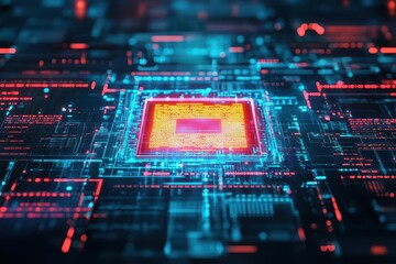 Obraz premium Cybersecurity interface, glowing firewall hologram, layered data streams, dark tech background