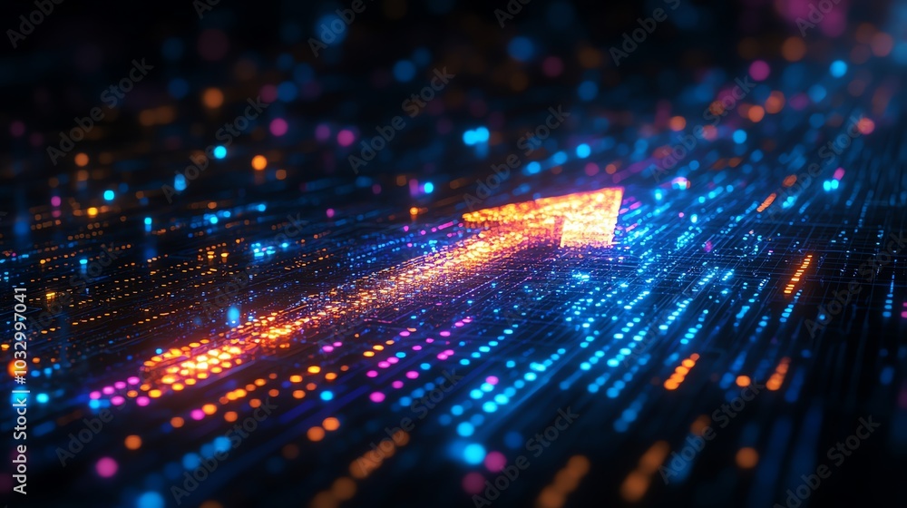 Aufkleber a glowing orange arrow points upwards on a digital highway composed of glowing blue and pink particl