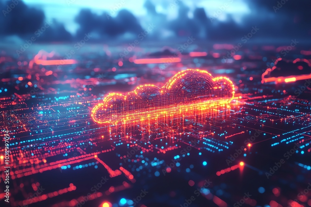 Poster a glowing cloud symbol made up of lines and dots on a red and blue background.