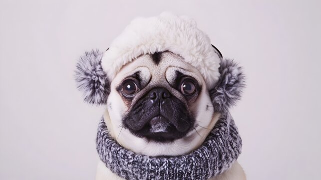 Adorable Pug Dog in Fuzzy Winter Accessories on Snow White Background