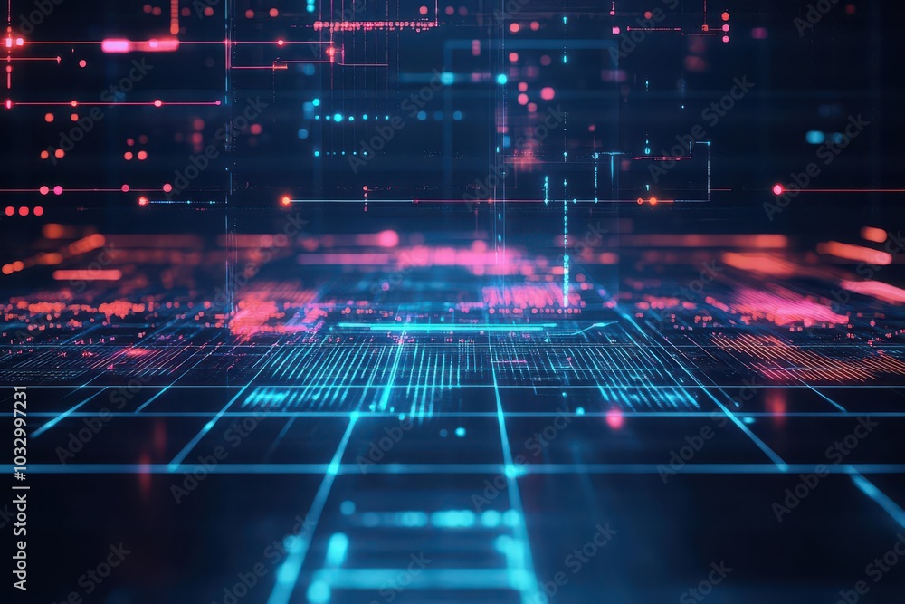 Aufkleber digital curve grid, glowing holograms, dark tech background, futuristic flow patterns
