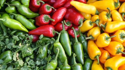 A variety of peppers, including green, yellow, and red, arranged together in a colorful mix