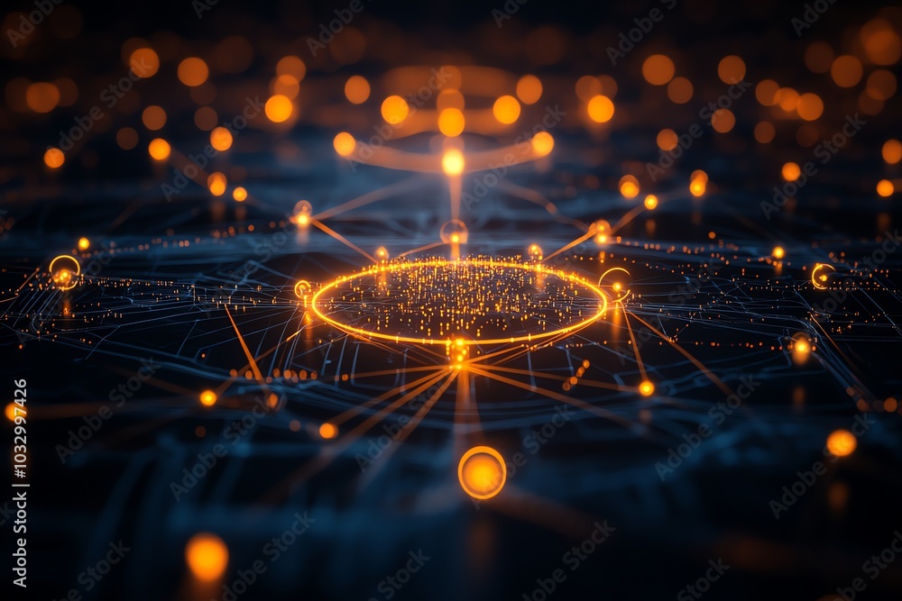Poster A glowing city at the center of a network of connected dots, representing a global network or communication system.
