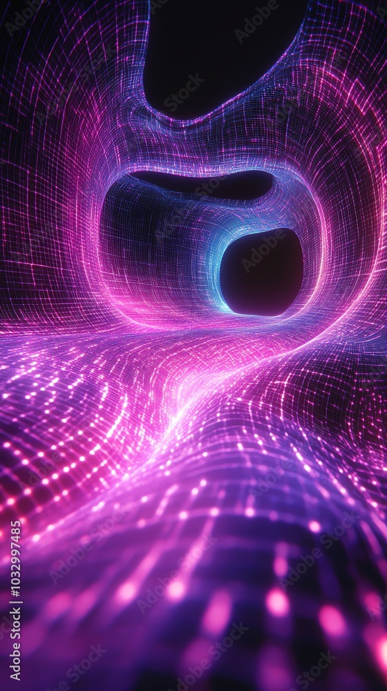 Poster Abstract neon tunnel with glowing lines and a dark background.