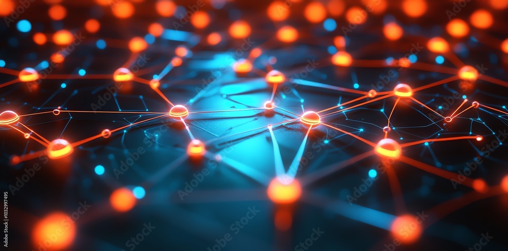 Poster Abstract network with glowing nodes and lines in red and blue.