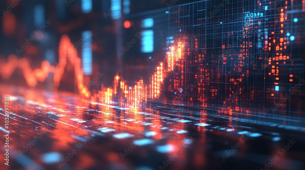 Fototapete Abstract digital visualization of a stock market graph with glowing lines and data.