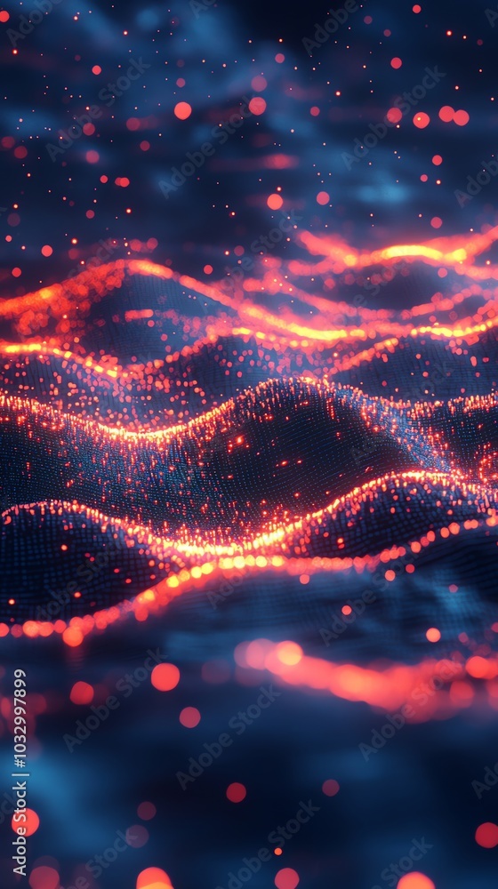 Poster Abstract glowing red and blue waves with particles and bokeh lights.