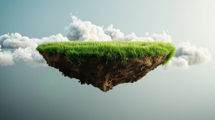 Floating slice of land with green grass surface and soil section. Flying land grass texture and empty grass field isolated. 3d rendered, isolated grass field flying in air with clouds