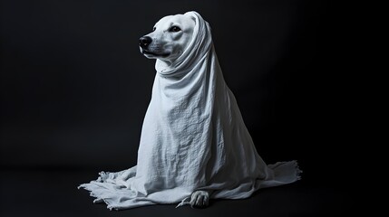 Ghostly Werewolf Dog Shrouded in Mysterious White Fabric on Dark Background