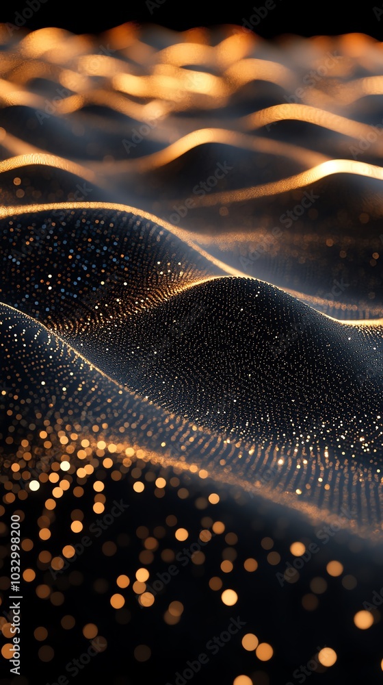 Poster Abstract background with glowing golden particles and waves.