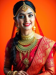 Obraz premium Bride images, Elegant Indian Bride in Red Saree with Traditional Gold Jewelry