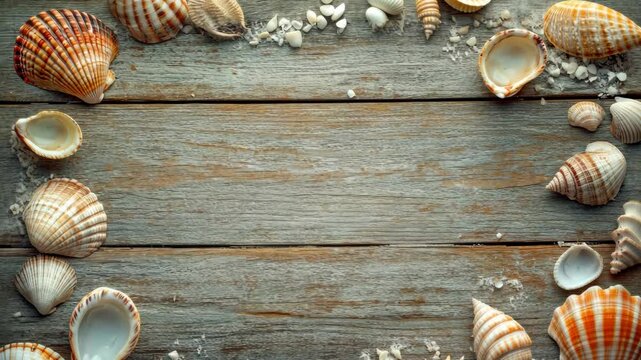 Seashells are arranged on a weathered wooden surface