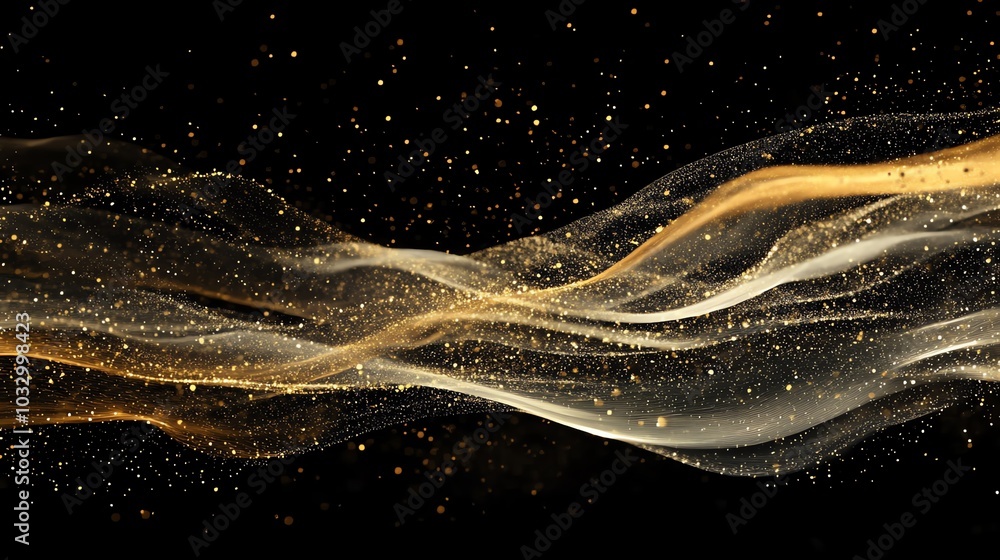 Poster abstract golden wave with particles on a black background.