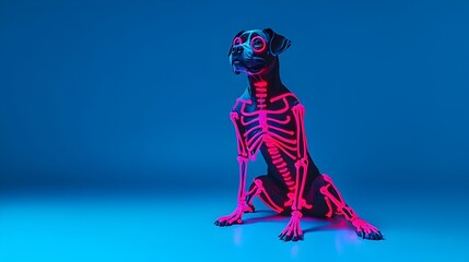 Neon Glowing Skeleton Dog Dressed in Bodysuit on Electric Blue Background