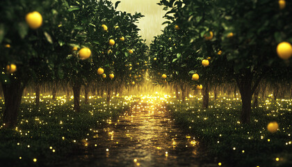 Fototapeta premium A sprawling orchard of fruit trees where it’s always raining. The fruits glow faintly, absorbing energy from the rain itself, and each drop that lands on the ground releases a burst of light
