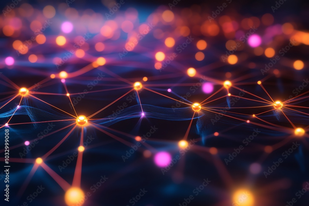 Poster Abstract network of glowing points connected by lines with bokeh effect in the background.