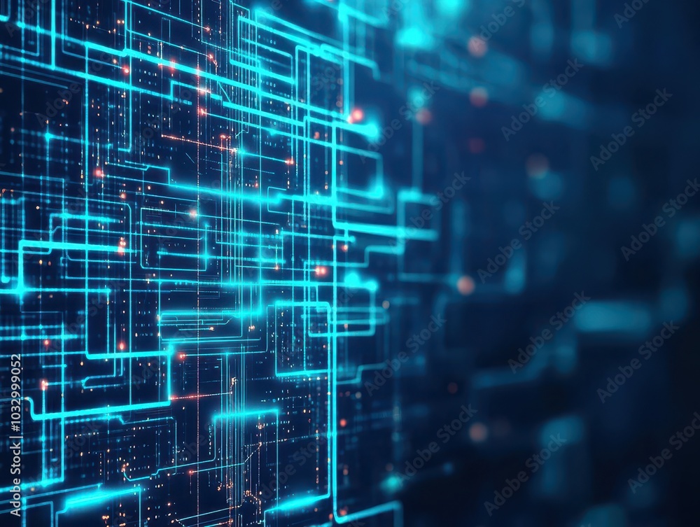 Poster floating tech circuits, neon digital grid, dark futuristic background, abstract patterns, glowing bl
