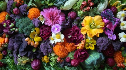 A vibrant display of edible flowers mixed with fresh vegetables, creating a colorful and artistic arrangement