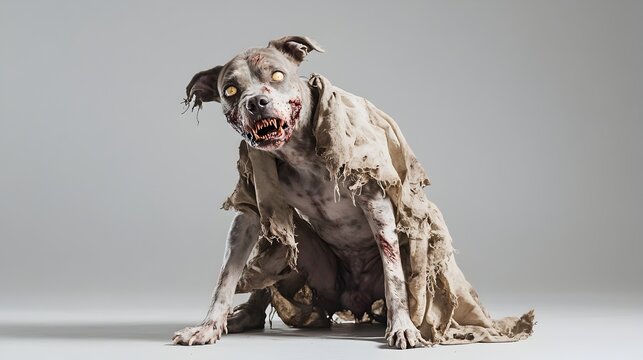 Tattered Undead Canine Creature Against Plain Gray Background with Studio Lighting