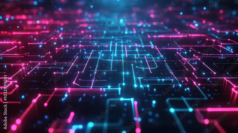 Poster futuristic circuit pathways, glowing neon grid, advanced technology design, dark abstract background