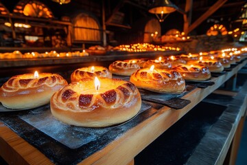 A candlelit bakery in a medieval village, adding a mysterious charm