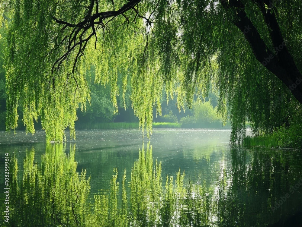 Poster a weeping willow tree with its branches touching the surface of a calm pond