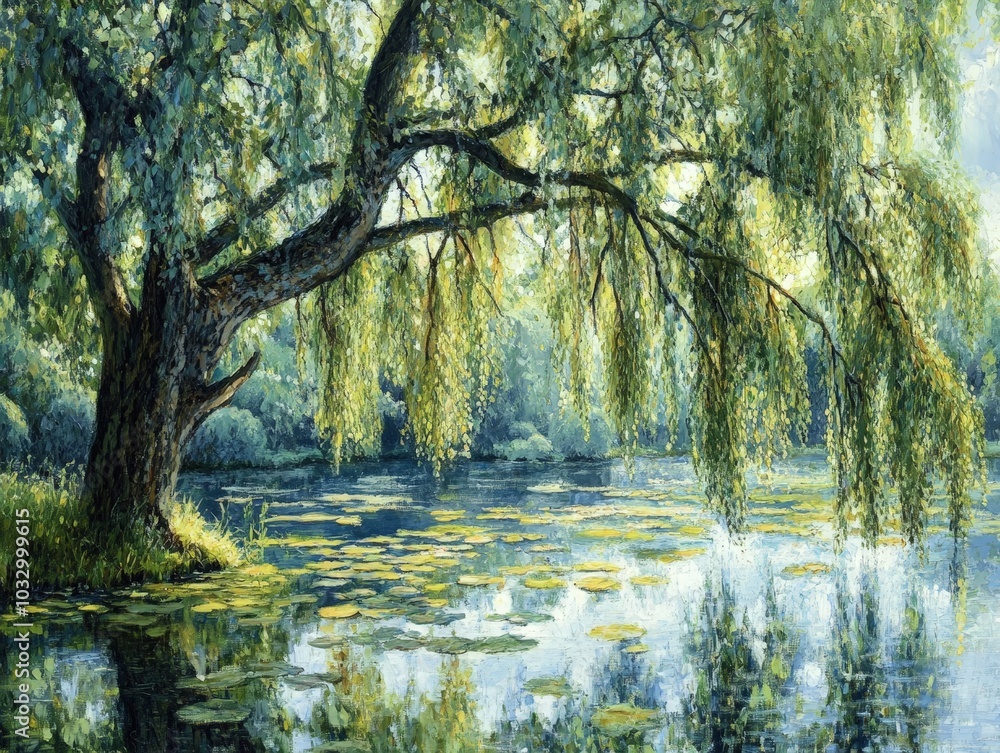 Poster a weeping willow tree with its branches touching the surface of a calm pond