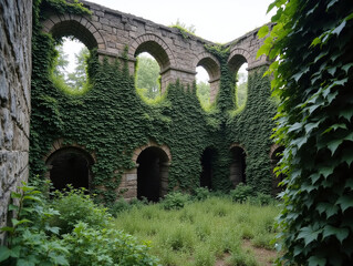 An abandoned, overgrown castle with vines creeping up the stone walls