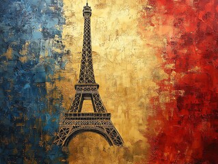 A painting of the Eiffel Tower in front of the French flag.