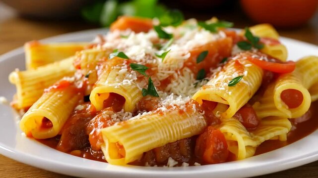 A plate of pasta with tomato sauce, topped with grated cheese and parsley