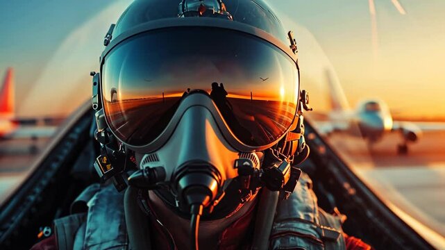 A pilot sits in the cockpit of a fighter jet, looking out at the sunset during a training exercise