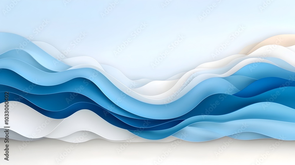 Poster multilayered paper cut ocean waves in varying shades of blue for a calming decorative piece handmade