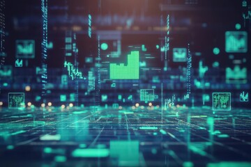 Fototapeta premium Holographic financial symbols floating above a stock exchange floor, vibrant green and blue lighting, 3D art, Photorealistic